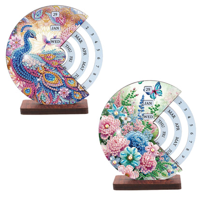 2pcs Peacock DIY Diamond Art Wooden Round Rotatable Calendar for Home Office