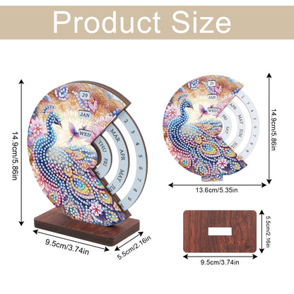 2pcs Peacock DIY Diamond Art Wooden Round Rotatable Calendar for Home Office