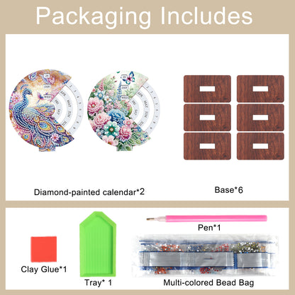 2pcs Peacock DIY Diamond Art Wooden Round Rotatable Calendar for Home Office