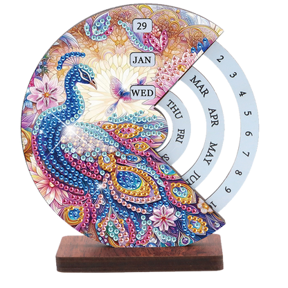 2pcs Peacock DIY Diamond Art Wooden Round Rotatable Calendar for Home Office