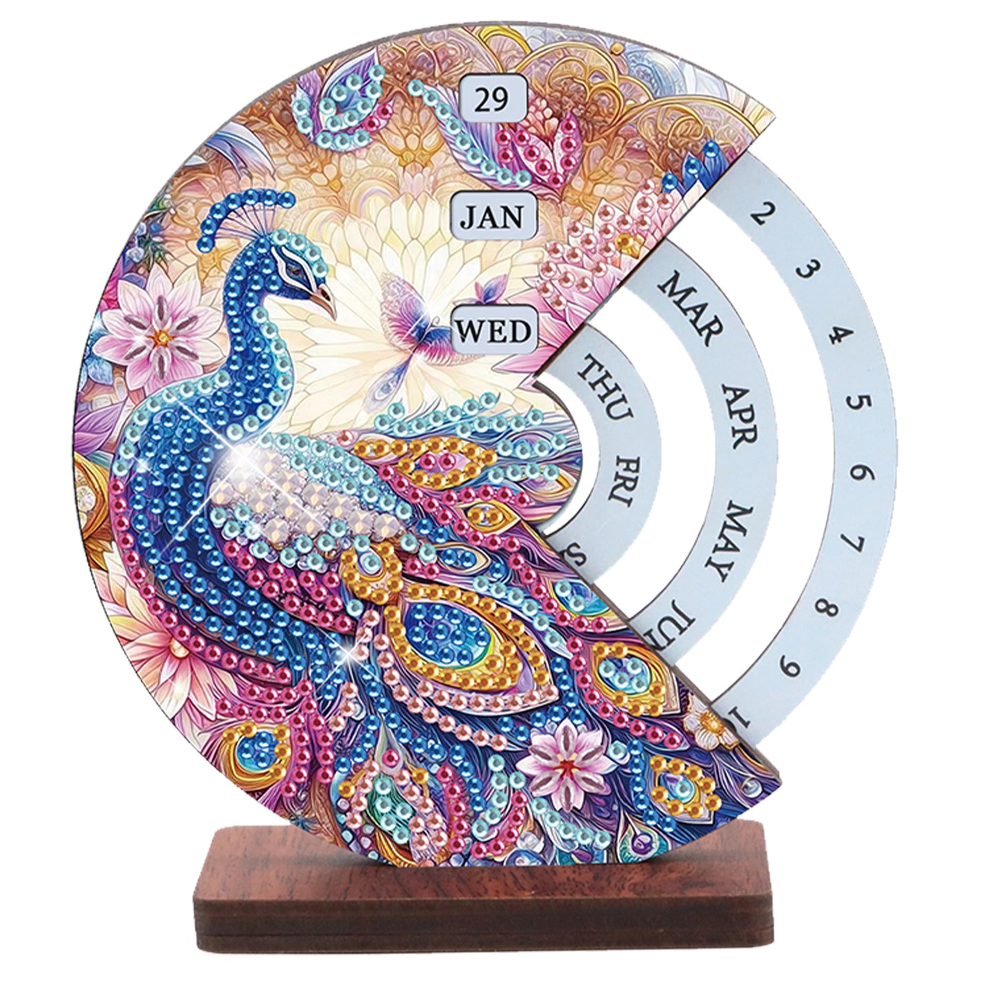2pcs Peacock DIY Diamond Art Wooden Round Rotatable Calendar for Home Office