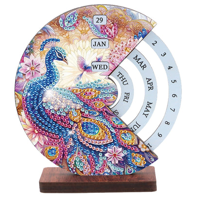 2pcs Peacock DIY Diamond Art Wooden Round Rotatable Calendar for Home Office