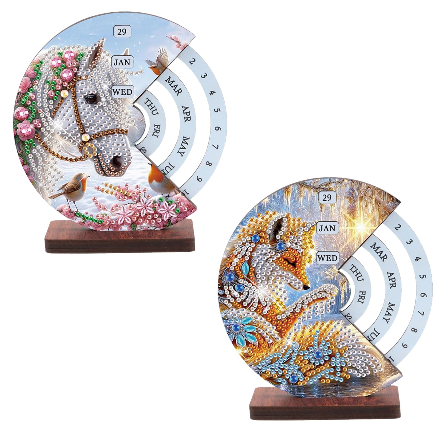 2pcs Fox White Horse DIY Diamond Art Wooden Round Rotatable Calendar for Home