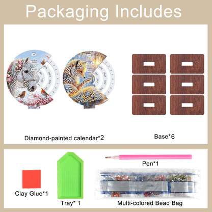 2pcs Fox White Horse DIY Diamond Art Wooden Round Rotatable Calendar for Home