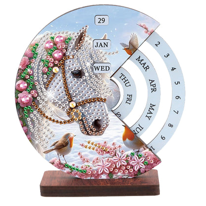 2pcs Fox White Horse DIY Diamond Art Wooden Round Rotatable Calendar for Home