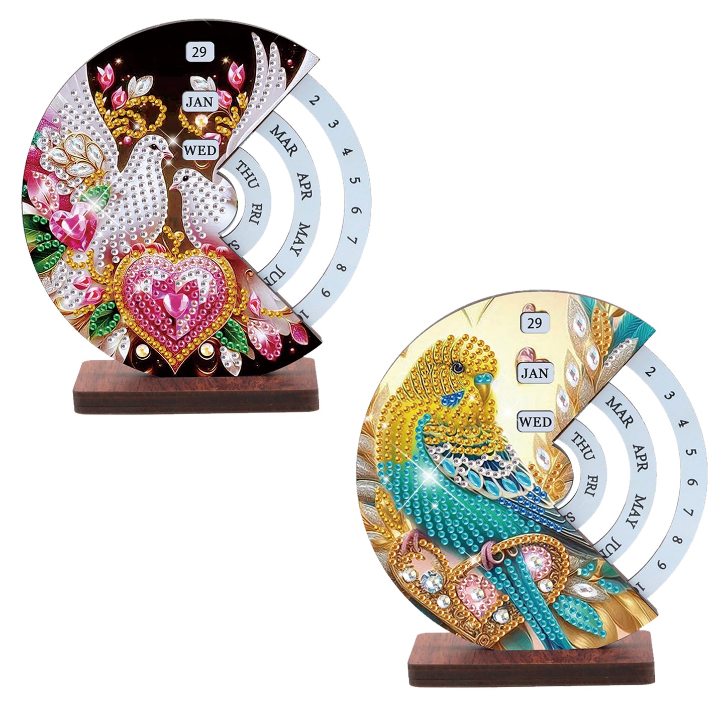2pcs Birds DIY Diamond Art Wooden Round Rotatable Calendar for Home Office Desk