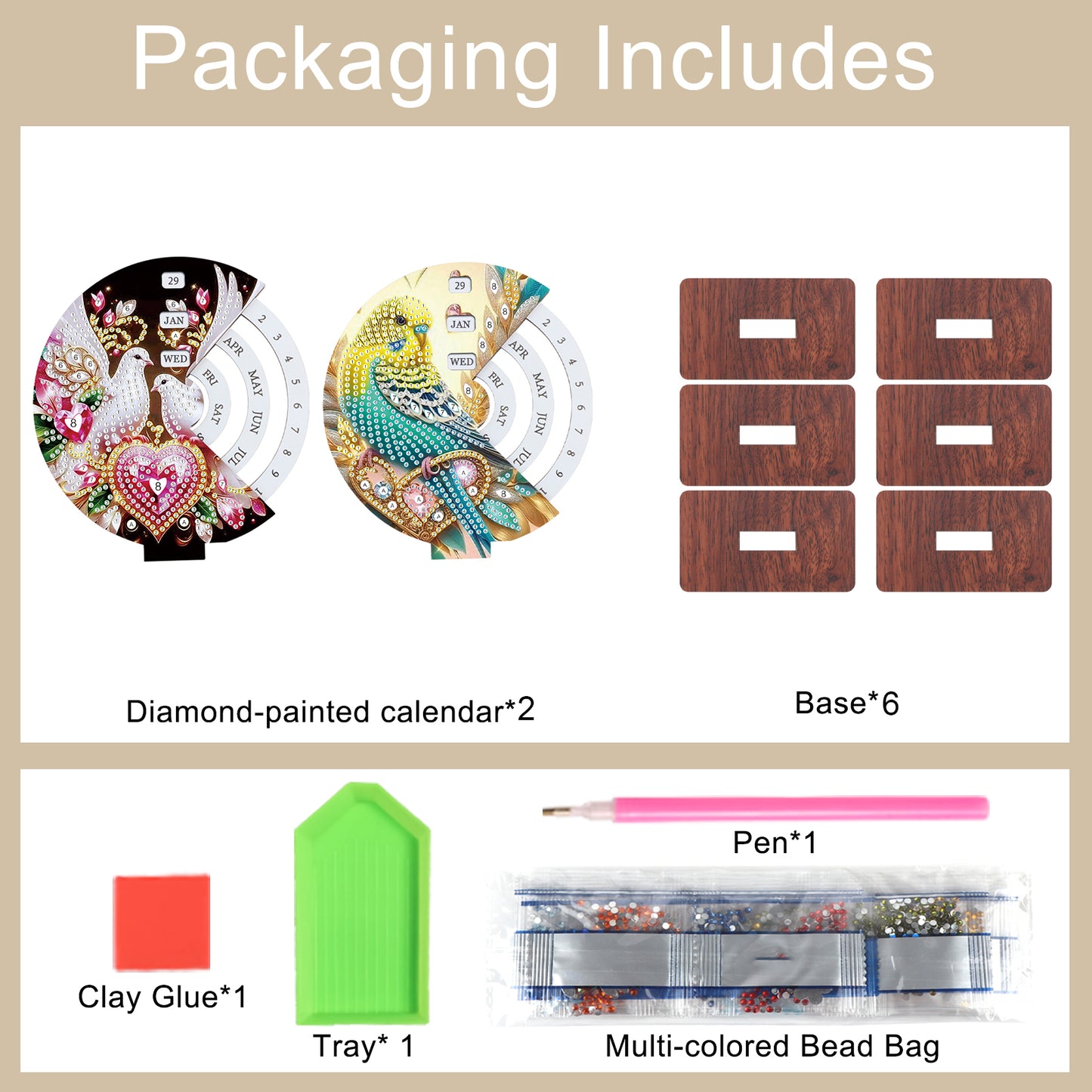 2pcs Birds DIY Diamond Art Wooden Round Rotatable Calendar for Home Office Desk