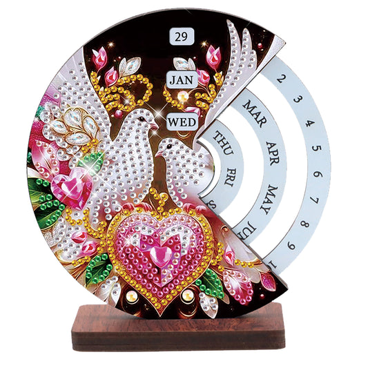2pcs Birds DIY Diamond Art Wooden Round Rotatable Calendar for Home Office Desk