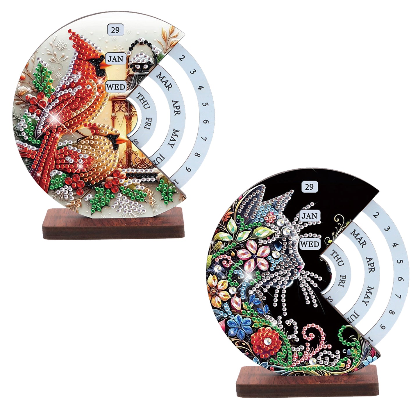 2pcs Cat Red Sparrow DIY Diamond Art Wooden Round Rotatable Calendar for Home