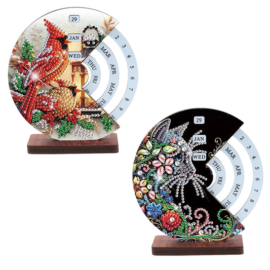 2pcs Cat Red Sparrow DIY Diamond Art Wooden Round Rotatable Calendar for Home