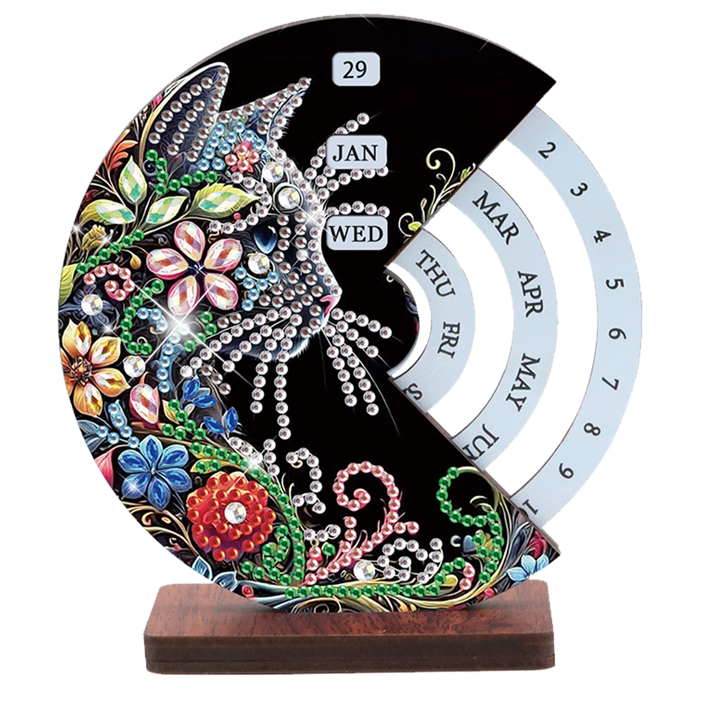 2pcs Cat Red Sparrow DIY Diamond Art Wooden Round Rotatable Calendar for Home