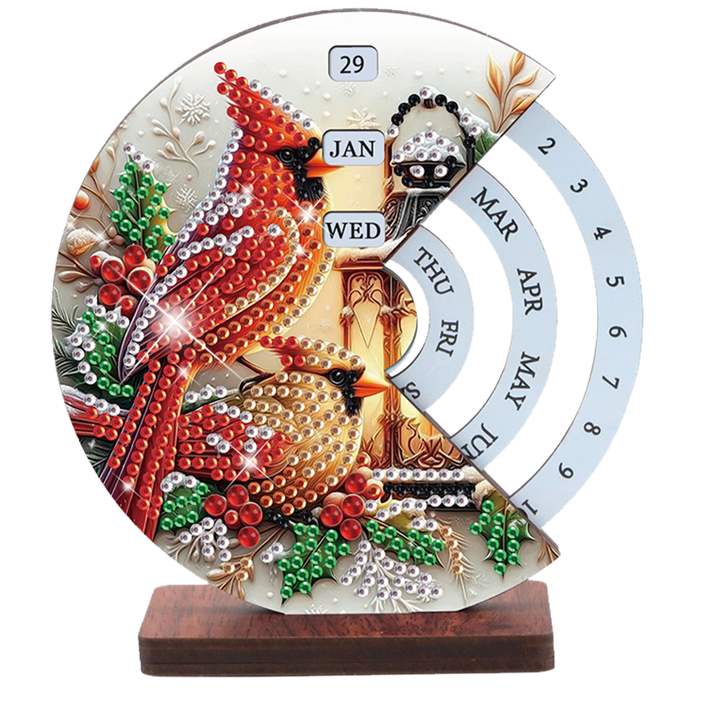 2pcs Cat Red Sparrow DIY Diamond Art Wooden Round Rotatable Calendar for Home