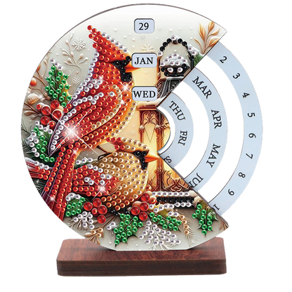 2pcs Cat Red Sparrow DIY Diamond Art Wooden Round Rotatable Calendar for Home