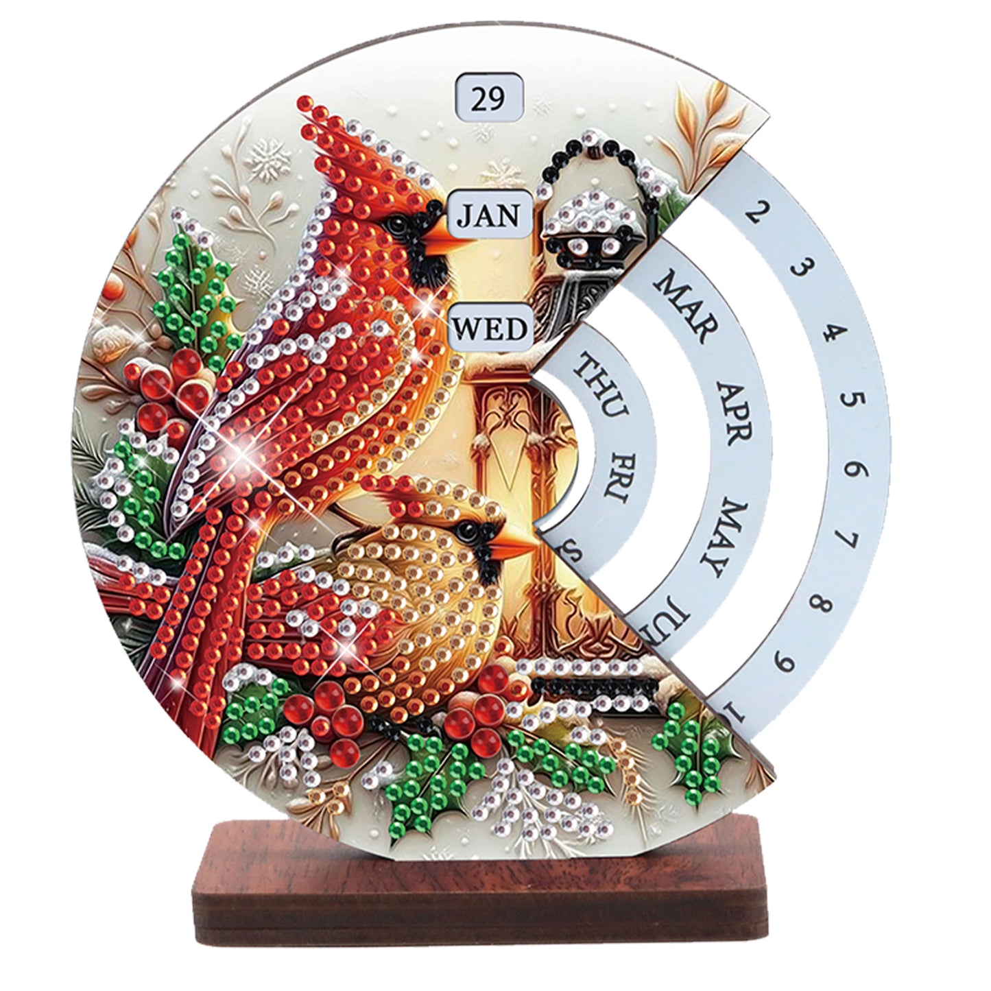 2pcs Cat Red Sparrow DIY Diamond Art Wooden Round Rotatable Calendar for Home