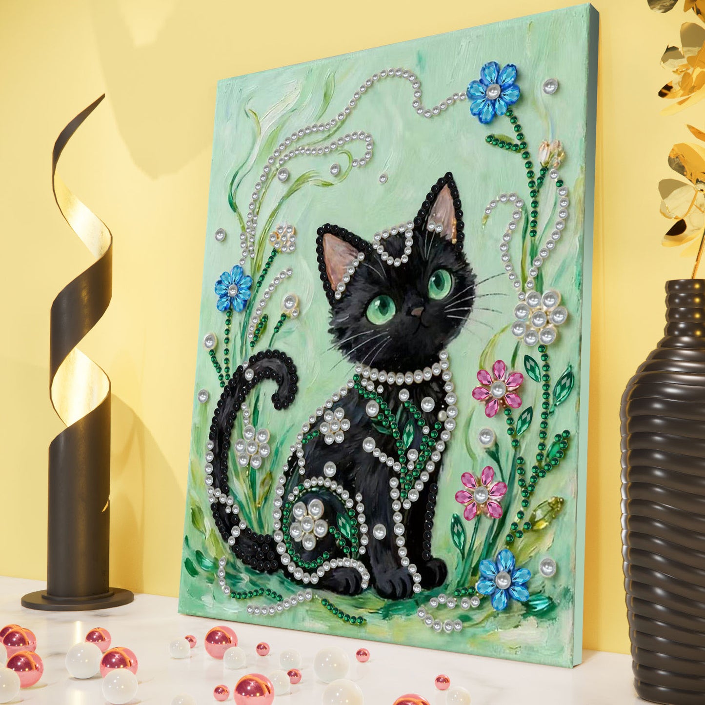 Black Cat - DIY Pearl Gem Art Diamond Painting Kits With Framefor Home Decor -30x40cm