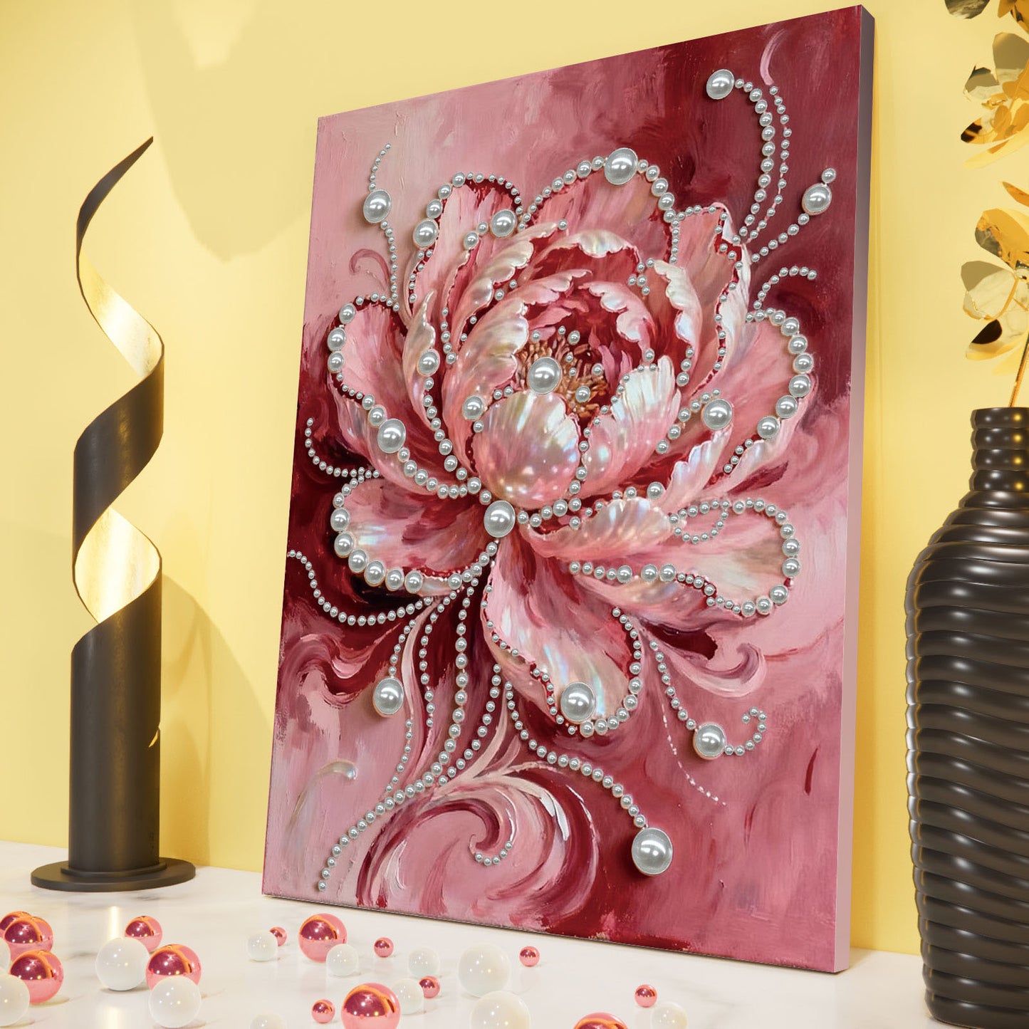 Pink Flower - DIY Pearl Gem Art Diamond Painting Kits With Framefor Home Decor -30x40cm