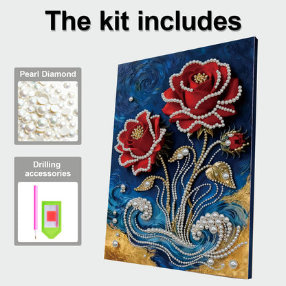 Red Flower - DIY Pearl Gem Art Diamond Painting Kits With Framefor Home Decor -30x40cm