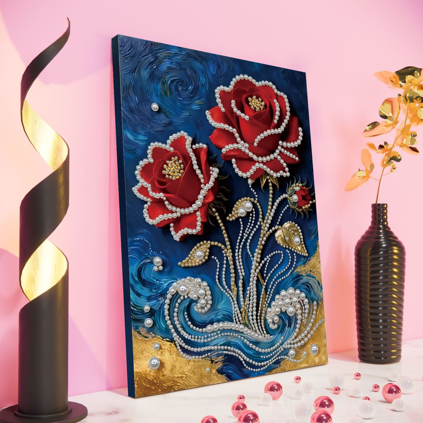 Red Flower - DIY Pearl Gem Art Diamond Painting Kits With Framefor Home Decor -30x40cm
