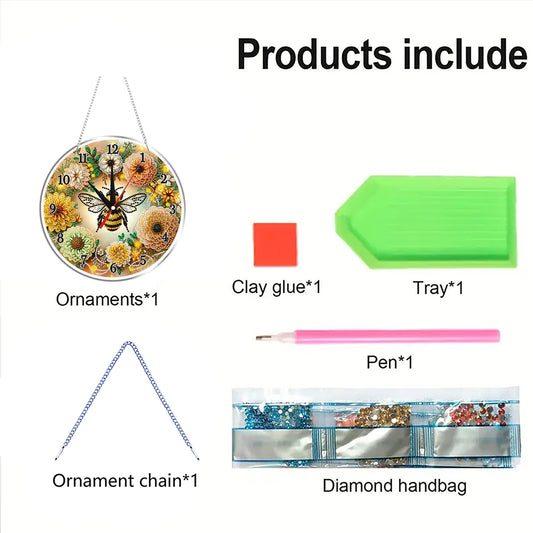 2D Flat DIY Bees Flowers Acrylic 5D Diamond Art Clock Kit for Home Decoration