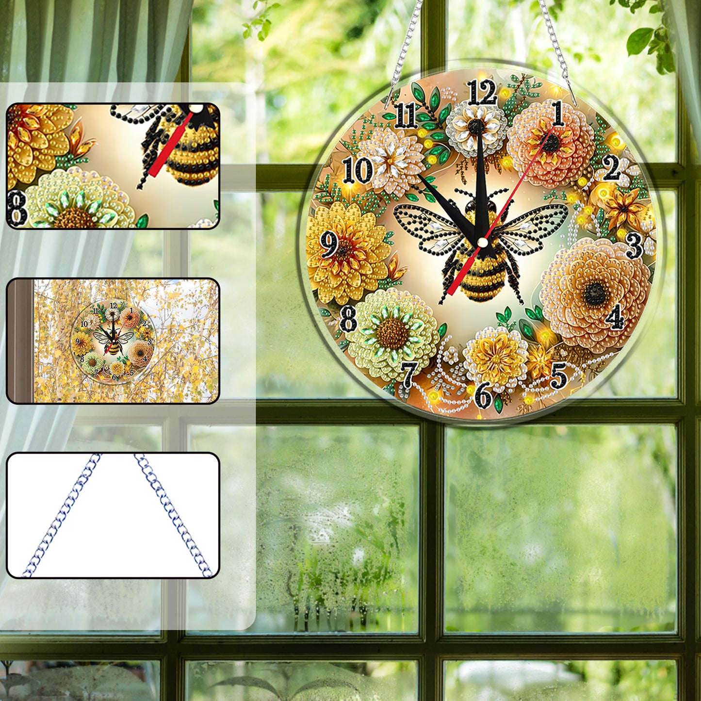 2D Flat DIY Bees Flowers Acrylic 5D Diamond Art Clock Kit for Home Decoration