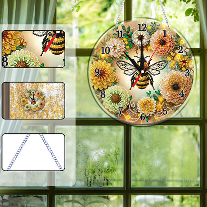 2D Flat DIY Bees Flowers Acrylic 5D Diamond Art Clock Kit for Home Decoration