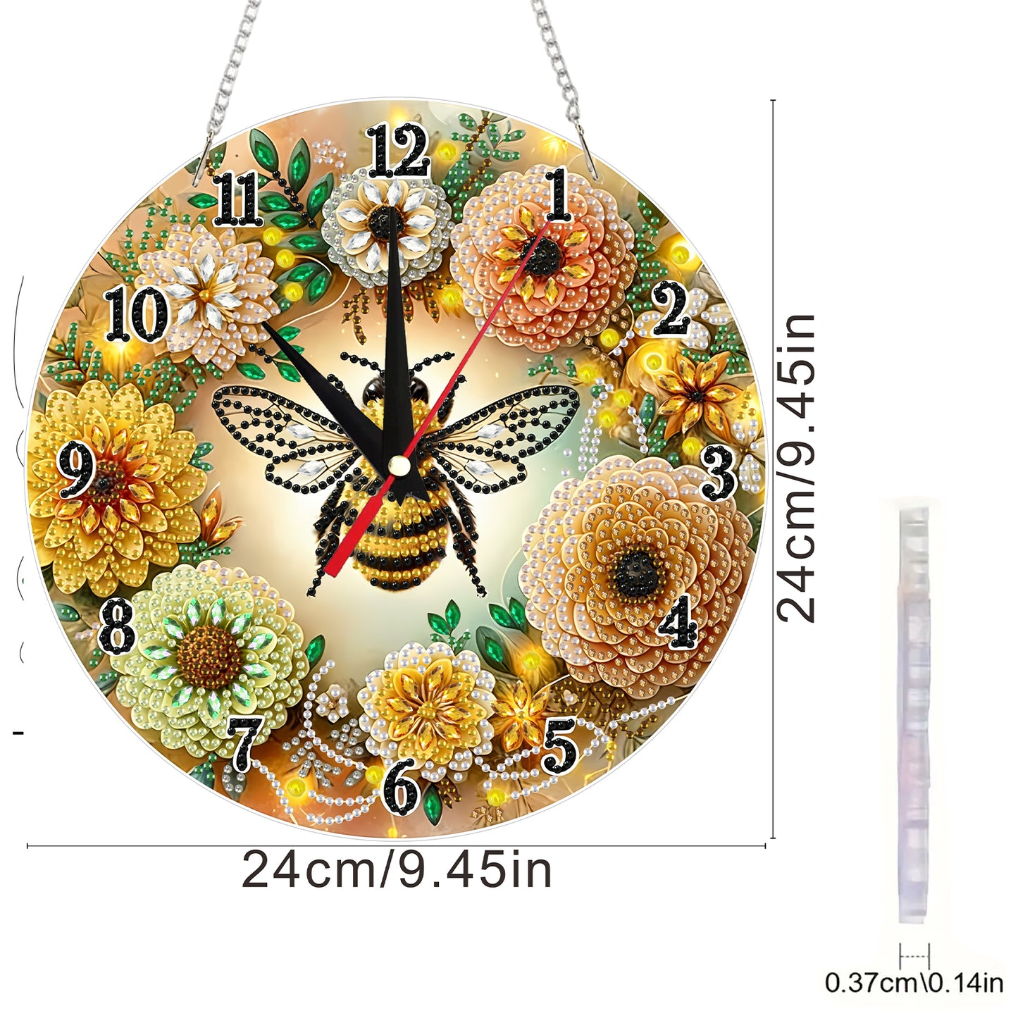 2D Flat DIY Bees Flowers Acrylic 5D Diamond Art Clock Kit for Home Decoration