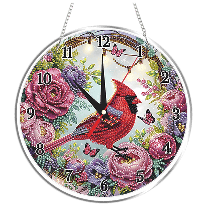2D Flat DIY Redbird Flower Acrylic 5D Diamond Art Clock Kit for Home Decoration