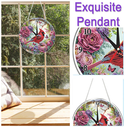 2D Flat DIY Redbird Flower Acrylic 5D Diamond Art Clock Kit for Home Decoration