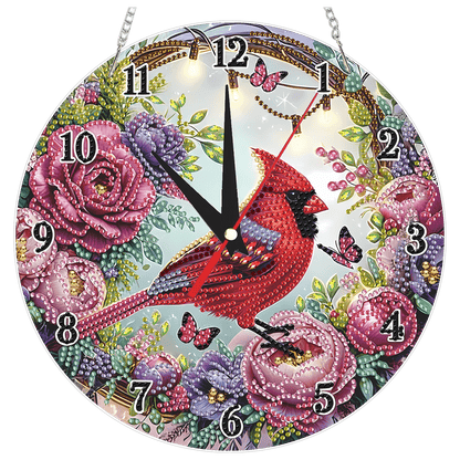 2D Flat DIY Redbird Flower Acrylic 5D Diamond Art Clock Kit for Home Decoration