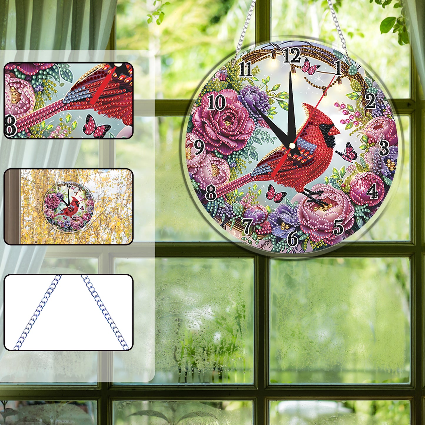 2D Flat DIY Redbird Flower Acrylic 5D Diamond Art Clock Kit for Home Decoration