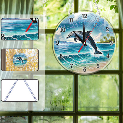 2D Flat DIY Dolphin Acrylic Diamond Painting Clock Pendant for Home Decoration
