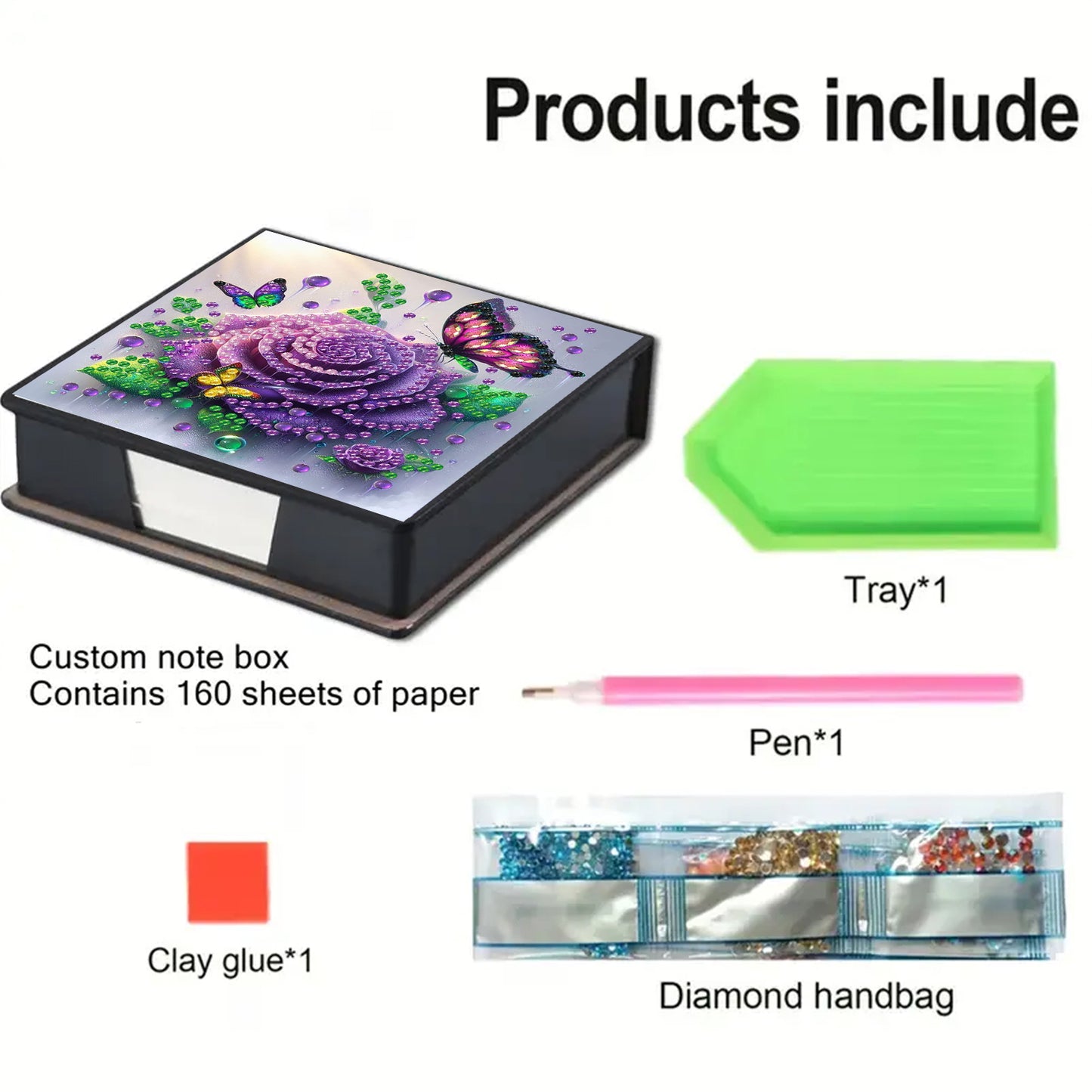 Purple Rose PU DIY 5D Diamond Painting Note Box (160 Blank Notepads) for Office