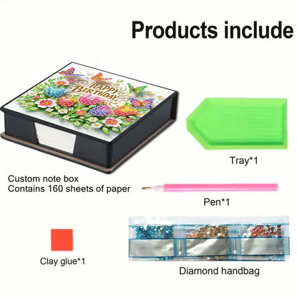 Birthday PU DIY 5D Diamond Painting Note Box (160 Blank Notepads) for Office
