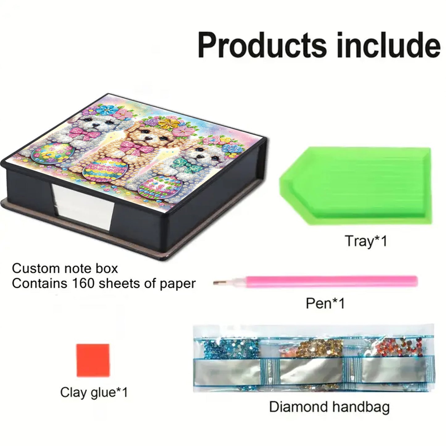 Dog PU DIY 5D Diamond Painting Note Box (160 Blank Notepads) for Office Home
