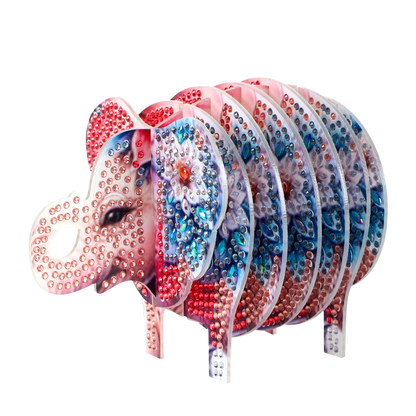 Pink Elephant 5D DIY Animal Pattern Diamond Painting Coasters Kits with Holder