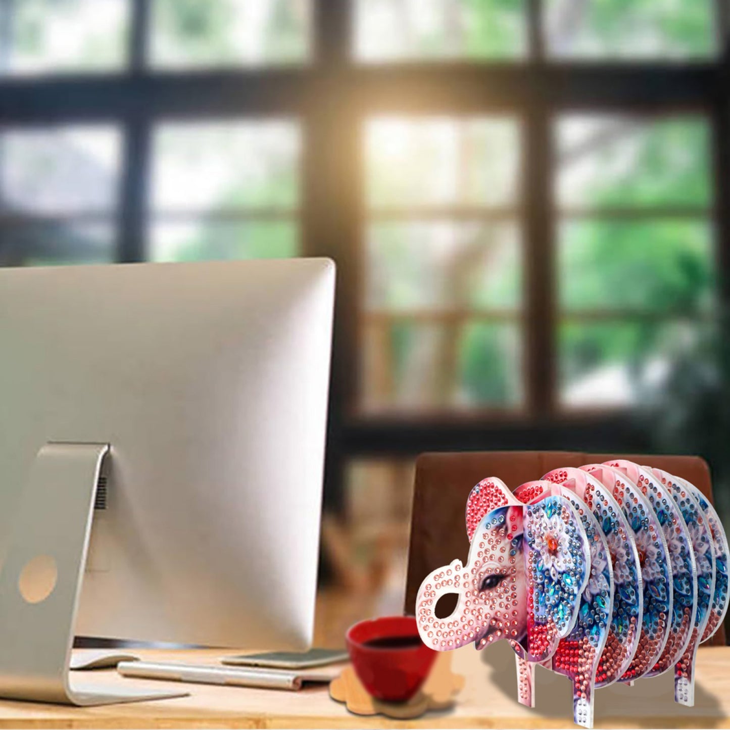 Pink Elephant 5D DIY Animal Pattern Diamond Painting Coasters Kits with Holder