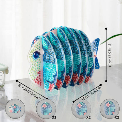 Blue Fish 5D DIY Animal Pattern Diamond Painting Coasters Kits with Holder Home
