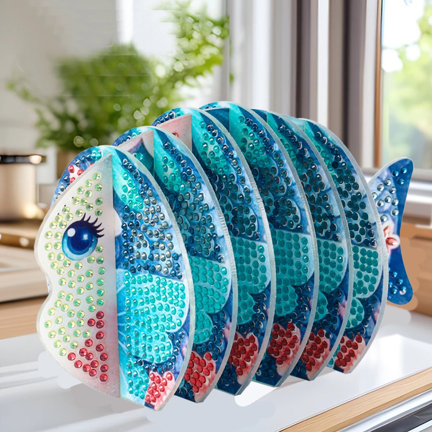 Blue Fish 5D DIY Animal Pattern Diamond Painting Coasters Kits with Holder Home
