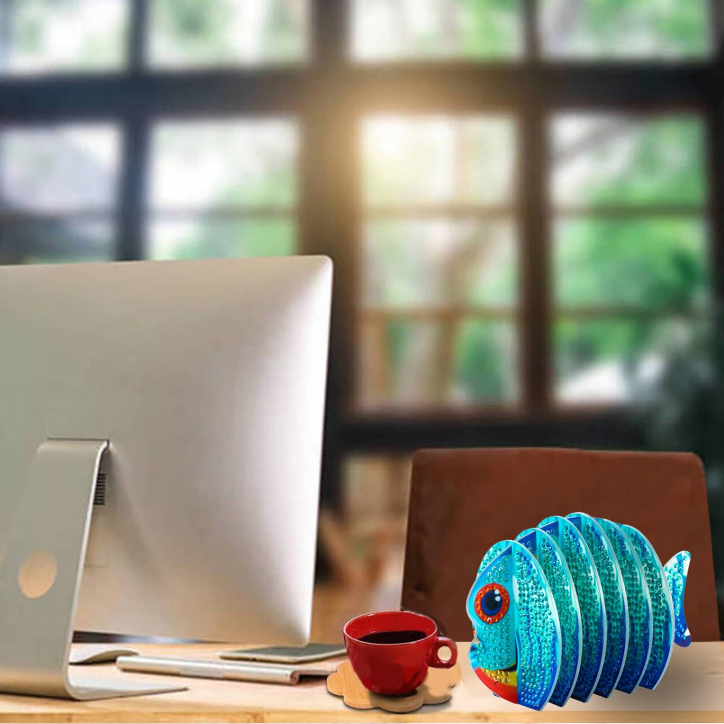 Red Fish 5D DIY Animal Pattern Diamond Painting Coasters Kits with Holder Home