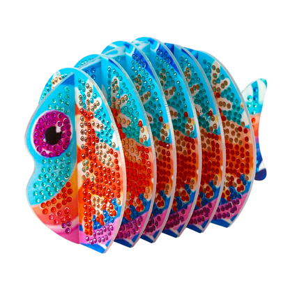 Orange Fish 5D DIY Animal Pattern Diamond Painting Coasters Kits with Holder