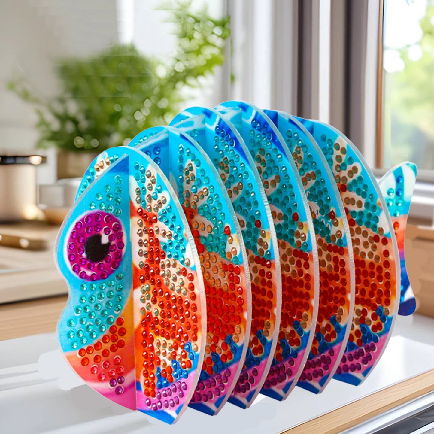 Orange Fish 5D DIY Animal Pattern Diamond Painting Coasters Kits with Holder