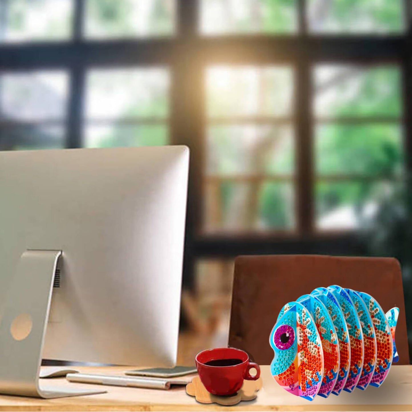 Orange Fish 5D DIY Animal Pattern Diamond Painting Coasters Kits with Holder