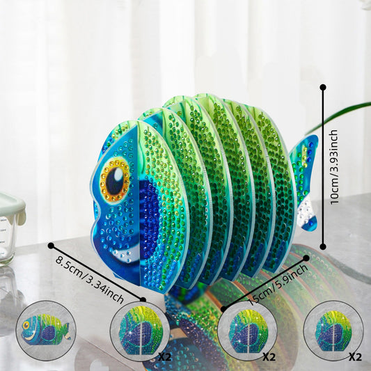 Green Fish 5D DIY Animal Pattern Diamond Painting Coasters Kits with Holder Home