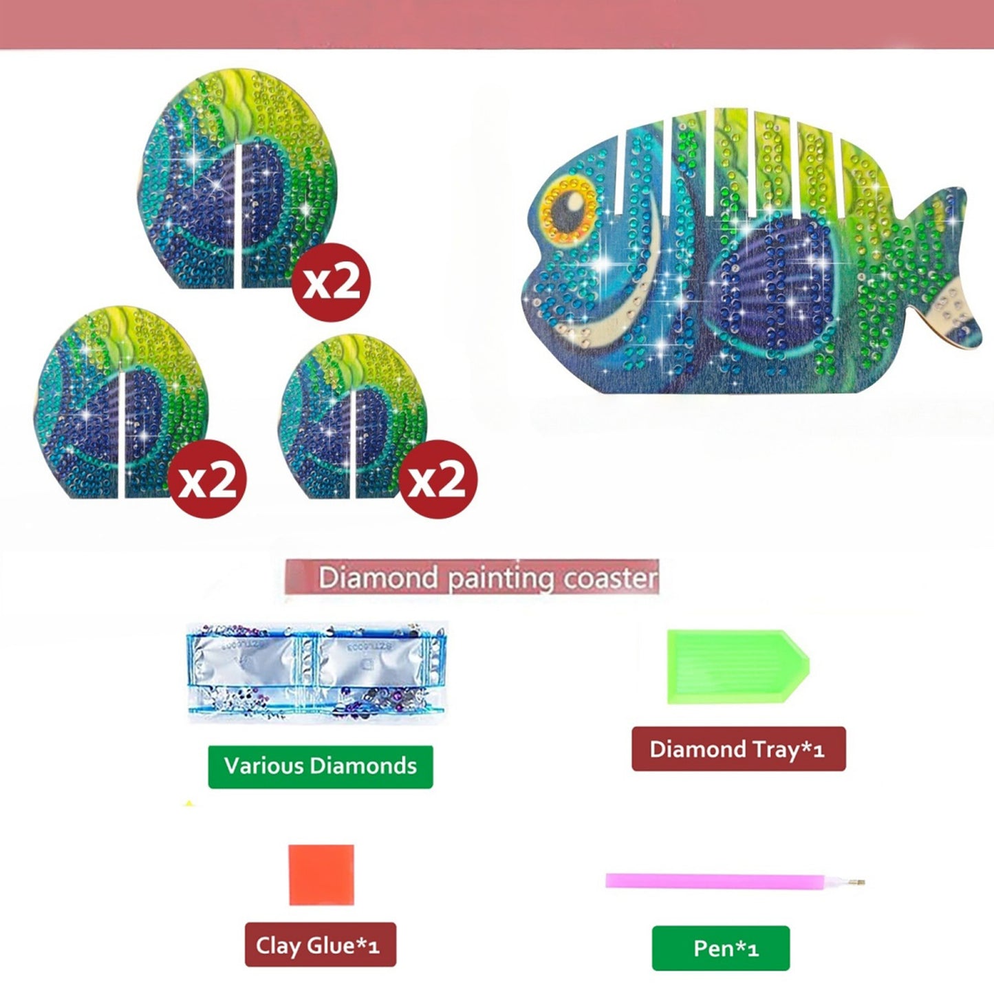 Green Fish 5D DIY Animal Pattern Diamond Painting Coasters Kits with Holder Home