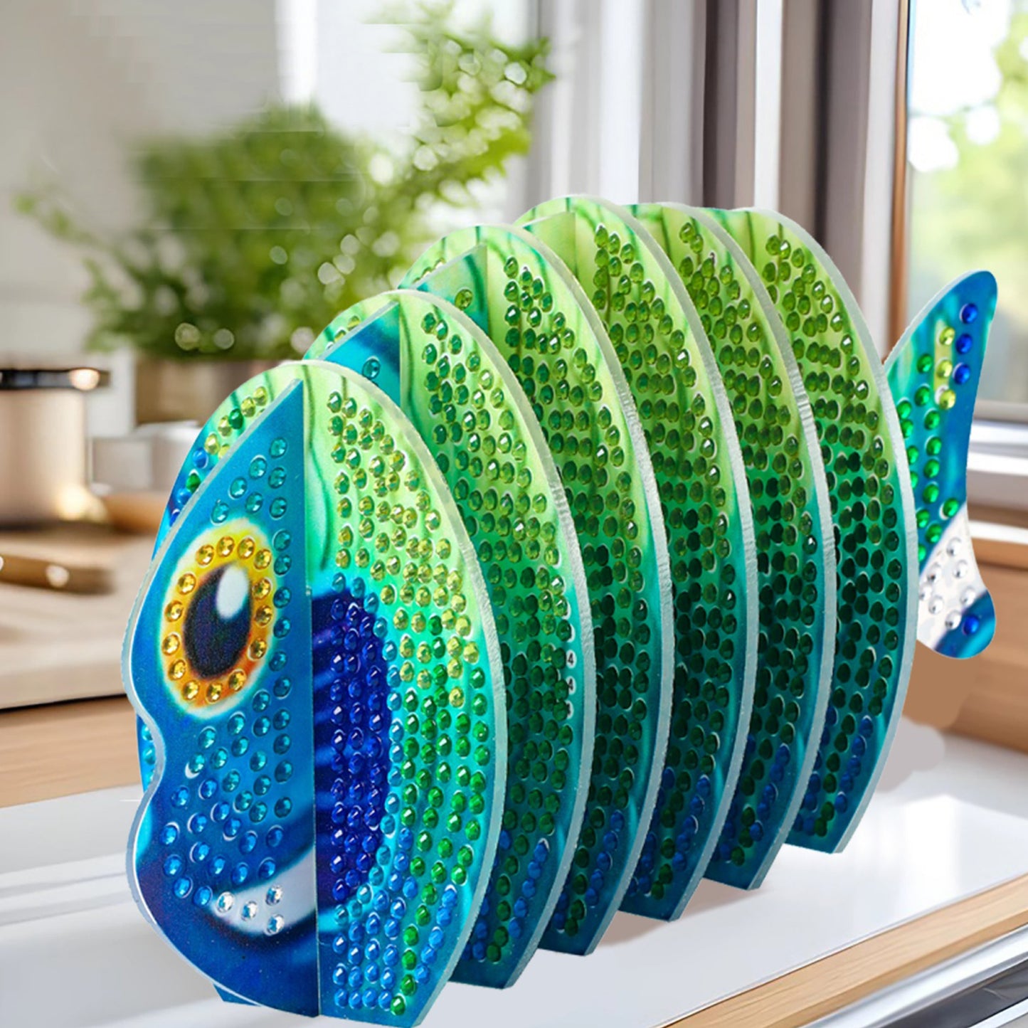 Green Fish 5D DIY Animal Pattern Diamond Painting Coasters Kits with Holder Home
