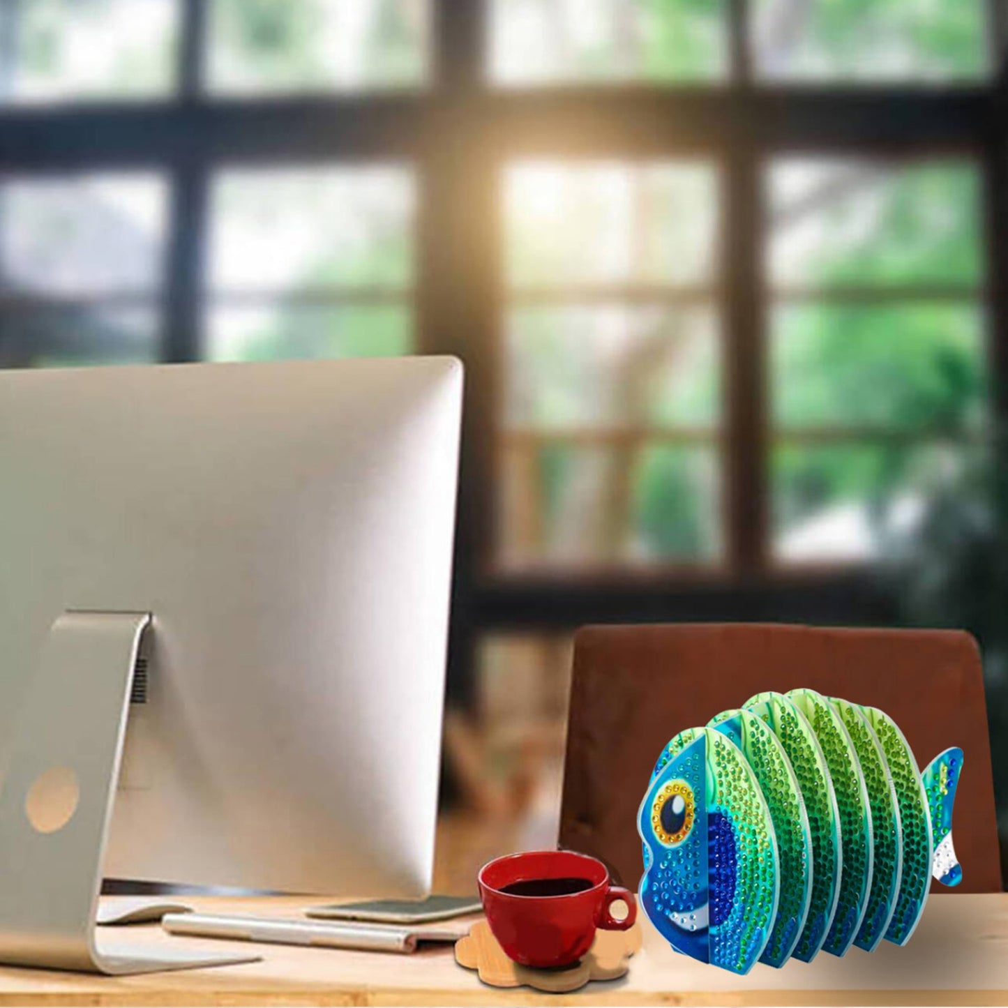 Green Fish 5D DIY Animal Pattern Diamond Painting Coasters Kits with Holder Home