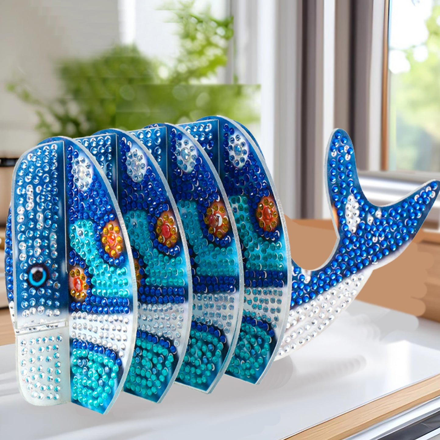 Whale 5D DIY Animal Pattern Diamond Painting Coasters Kits with Holder for Home