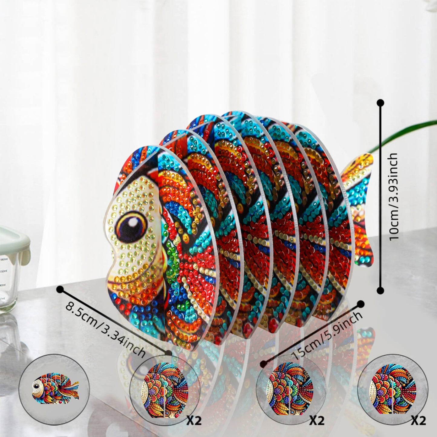 Fish 5D DIY Animal Pattern Diamond Painting Coasters Kits with Holder for Home