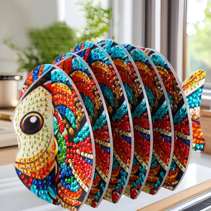 Fish 5D DIY Animal Pattern Diamond Painting Coasters Kits with Holder for Home