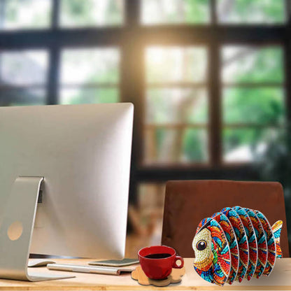 Fish 5D DIY Animal Pattern Diamond Painting Coasters Kits with Holder for Home